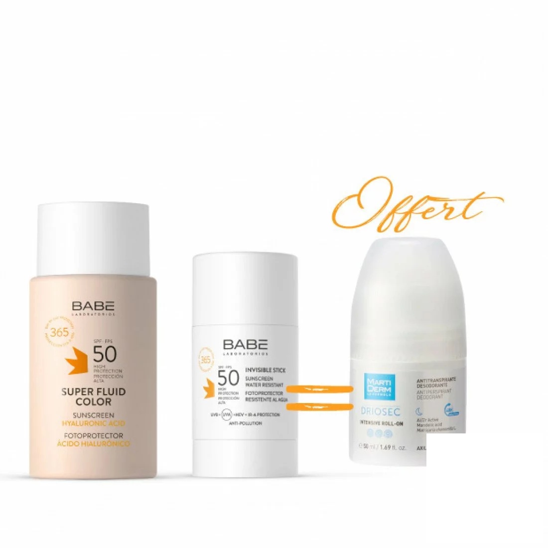 BABE Super Fluid Color SPF50 + STICK INVISIBLE SPF50 + DRIOSEC Intensive Roll On OFFERT