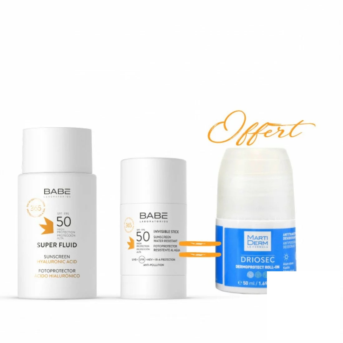 BABE Super Fluid SPF50 + STICK INVISIBLE SPF50 + DRIOSEC Roll On OFFERT
