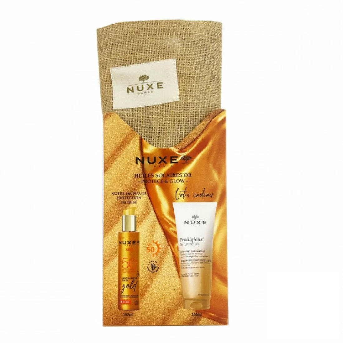 NUXE Sun Sac Huile Solaire Or SPF50 150ML + Prodigieux Lait Corps 200ML OFFERT