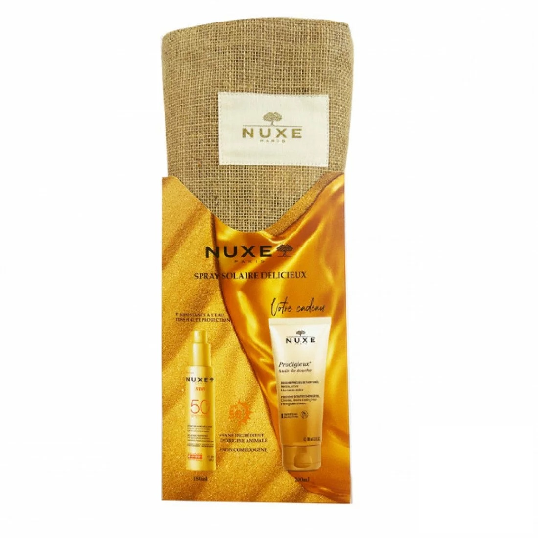 NUXE Sun Sac Spray Solaire Delicieux SPF50 150ML + Prodigieux huile de douche 200ML OFFERTE