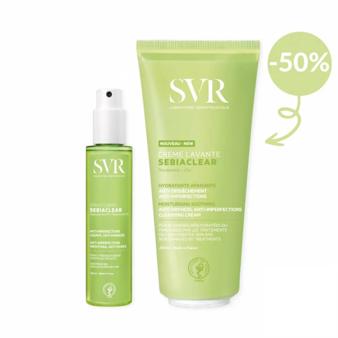 SVR PACK SEBIACLEAR SPRAY CORPS+ CREME LAVANTE 200ML 50% OFFERTE - 2025